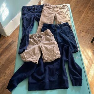 Boys 6/7 uniform pants and shorts, sweatshirt